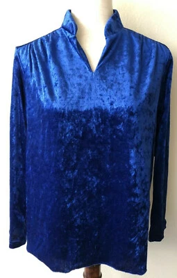 Vintage 1990s Crushed Velvet Tunic Top Long Sleeves Blue Boho Hippie Large - Image 1 of 4