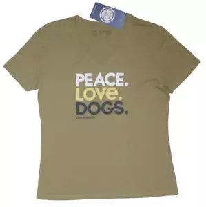 LIFE IS GOOD Mujer Fatiga Verde S/S Cuello Camiseta Paz Amor Perros Nuevo con Etiquetas Pequeño - Imagen 1 de 2