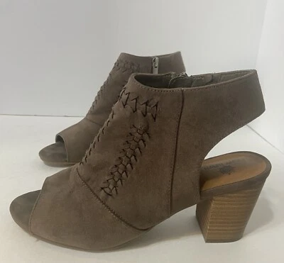 Botines Ruff Hewn Pia para mujer 9M tela marrón punta abierta tacones con cremallera Foto 1 de 4