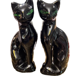 VTG Black Siamese Cats Pair 10” Ceramic Green Eyes Mid Century Modern Retro - Picture 1 of 16