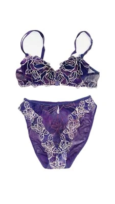 Conjunto de lencería vintage Lise Charmel púrpura bordado rosa 10/32BC sujetador 2 calzoncillos S Foto 1 de 3