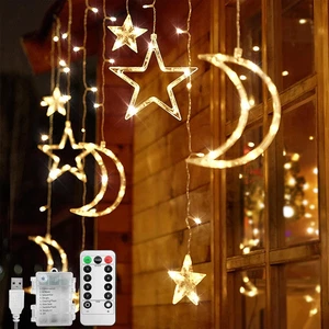 LED String Lights - 3.5M Star Moon LED Curtain Lights with 8 Flashing Modes Deco - Picture 1 of 14