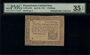 PA-246 Colonial Currency - Pennsylvania April 20, 1781 2 Shillings PMG 35 EPQ - Picture 1 of 3