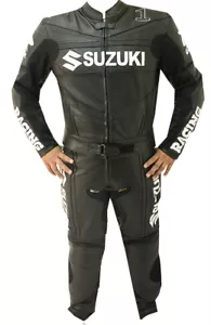 Suzuki GSXR Motorcycle 2PC Suit Black Leather Motorbike Biker Racer Armour Sport - Picture 1 of 5