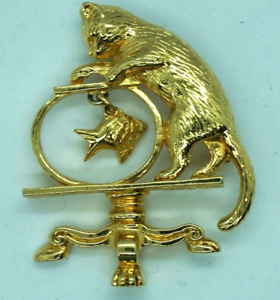Cat And Fish In A Bowl Pin Brooch Pendant By Avon Gold Tone Metal Jewelry