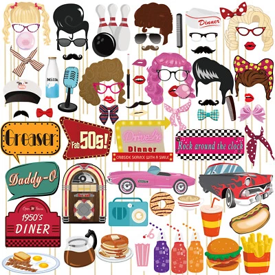 50s Sock Hop Photo Booth Props 67-count Birthday Wedding Hens Party Decor Selfie - image 1 of 3