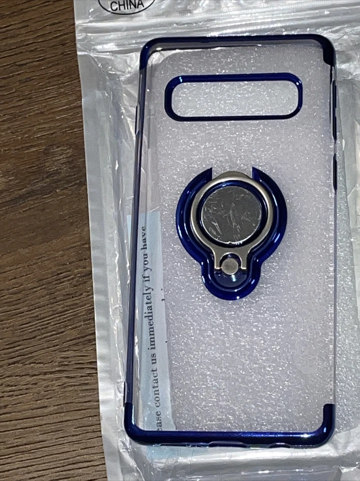 Funda transparente Samsung Galaxy s10 con borde azul y soporte de anillo de metal B918 Foto 1 de 1