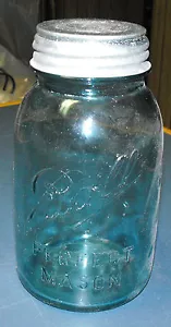 VINTAGE BALL PERFECT MASON QUART AQUA BLUE GLASS CANNING JAR W/ LID - Picture 1 of 4