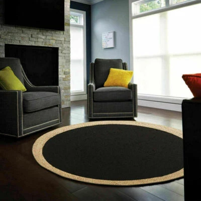 Rug Jute Black Round 100% Farmhouse Natural Jute Hand Braided Modern Rustic Look - Image 1 of 4