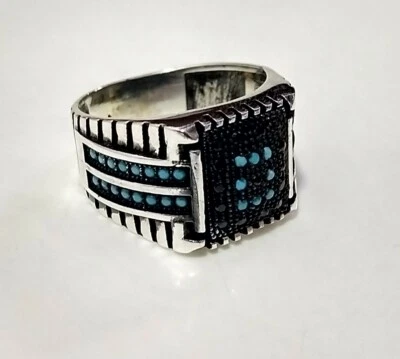 Anel de prata esterlina 925 pedra preciosa espinhal preta turquesa natural tamanho 10, anel presente - Imagem 1 de 4