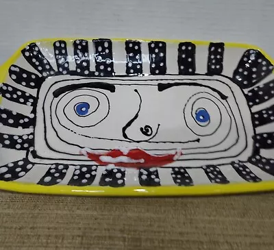 Plato grande de cara moderna retro abstracto pintado a mano hecho a mano Foto 1 de 4