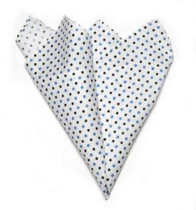 Gascoigne Pocket Square Extra Large White Blue Black Polka Dot Cotton Men's - Picture 1 of 2