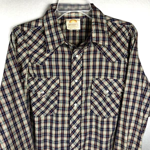 Saturdays In California Western Pearl Snap Shirt Mens M Plaid Gold Stripes READ - Picture 1 of 10