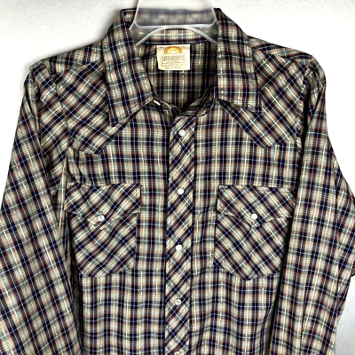 Saturdays In California Western Pearl Snap Shirt Mens M Plaid Gold Stripes READ - Image 1 of 4