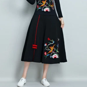 Damen Chinesisch Blumen Stickerei Rock Midi Ethno Baumwolle Leinen Hippie Retro - Bild 1 von 8
