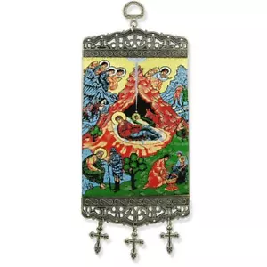 "Geburt Christi Ikone Banner Wandteppich Textil Kunst 9 3/4""x3 7/8" - Bild 1 von 1