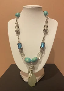 Necklace Choker Turquoise Silver-Toned Avon Faux Foil Square Bead Dangle NR Cute - Picture 1 of 12