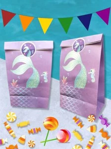 Pack of 12 Mermaid Premium Quality Kraft Paper Goodies Party Favor Bags Stickers - Picture 1 of 4