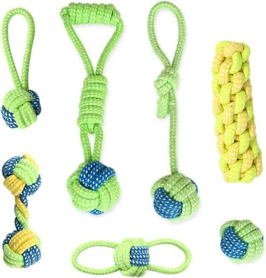 Set of 7 Dog Rope Toys Braided Chew Toys for Aggressive Chewers - Cotton – Green - Image 1 of 4