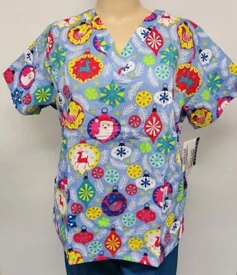 Womens Scrub Top Butter-Soft by UA Cotton Blend Christmas Ornaments  2 Pocket - Image 1 of 4