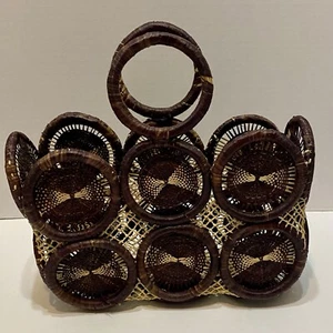 Vintage Rattan Hollow Round Wicker Woven Handbag Rattan Beach Bag Sewing Bag - Picture 1 of 5