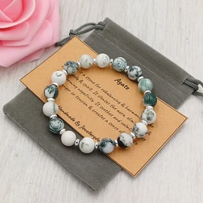 TREE AGATE Bracelet Stretch Fit Handmade +Gift Bag & Card Crystal Gemstone 6/8mm - Image 1 of 4