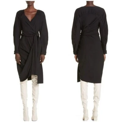 全新 Dries Van Noten Dabrina 长袖裹身连衣裙 羊毛混纺 黑色 尺寸 34 — 第 1/4 张图片