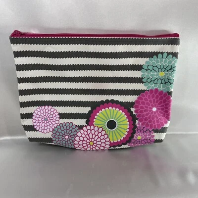 Thirty One Oversized Zipper Pouch Makeup Bag Gray Stripes Flowers Pink Aqua - Image 1 of 4