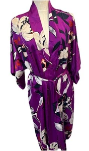 NATORI KIMONO Robe Mid Length Size Small Navy BLUE Purple Iris Floral Belted EUC - Picture 1 of 14