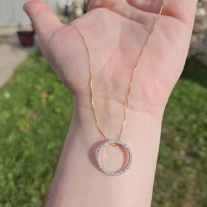 14K Yellow Gold Box Link Chain with 1/2Ct Diamond Halo Circle Pendant 18 Inches - Picture 1 of 9