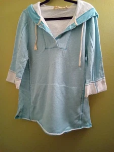 Soft Surroundings Womens SMALL Bali Beach Pullover Top BLUE Hooded Raw Edges - Picture 1 of 5