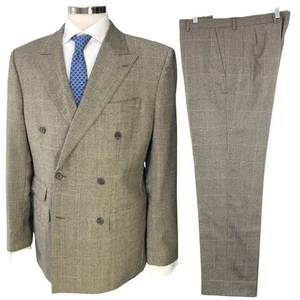 Traje Carolina Herrera Para Hombres 44 Doble Pecho Pico Solapa Glen Cuadros Lana Marrón - Imagen 1 de 24