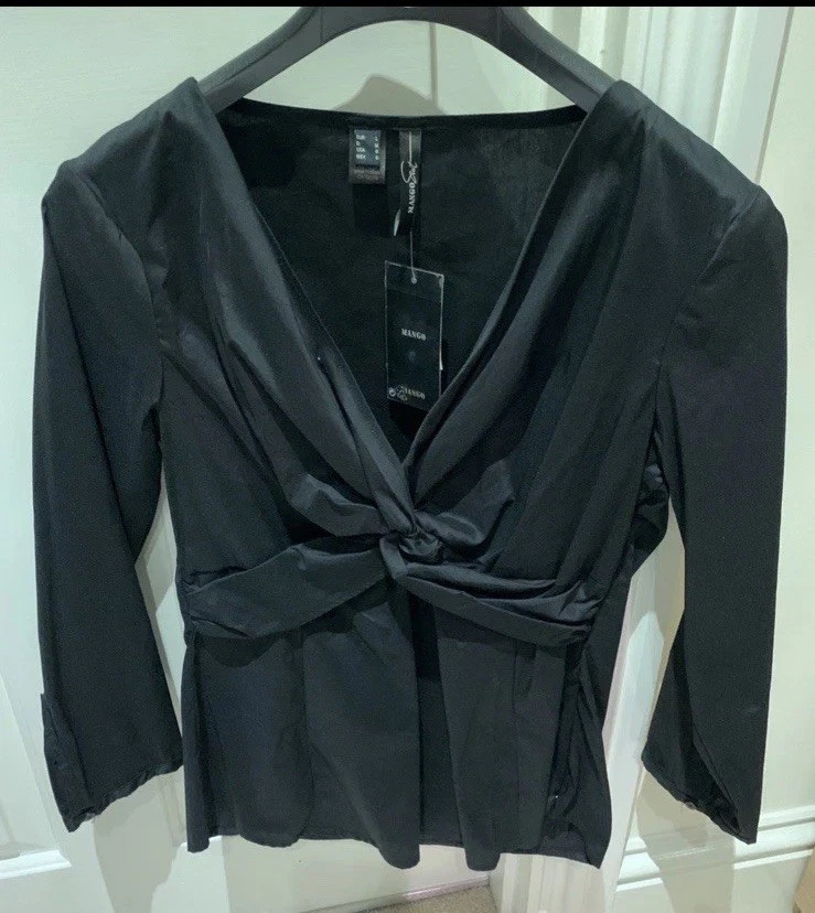 MANGO Black V-neck Fitted  Shirt With Side Zip Closure- Size 12 - Image 1 of 1