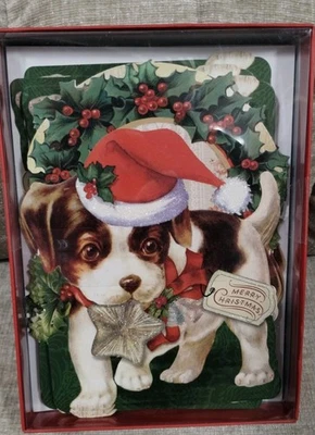 set 15 Punch Studio FESTIVE RETRO PUPPY STAR CHRISTMAS CARDS dog Holly Berry NEW - Image 1 of 2