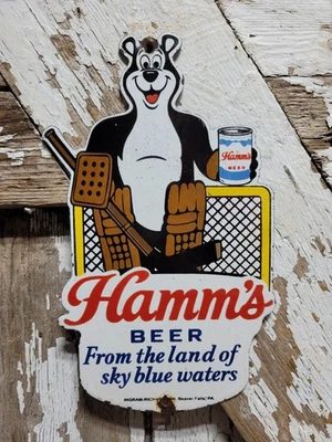 VINTAGE HAMMS PORCELAIN SIGN OLD BEER CAN BEAR ICE HOCKEY MINNESOTA INGRAM RICH - Image 1 of 4
