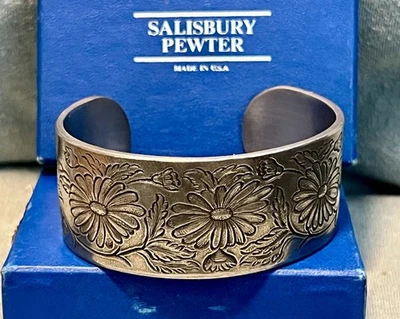 NEW Wide Cuff 1" Bracelet Salisbury Pewter ASTERS Fall Flowers September US Made - Image 1 of 4