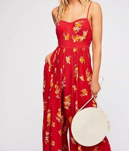 Free People Jumpsuit Size Small Red Floral Print Sleeveless Casual Summer - Picture 1 of 5