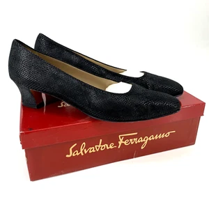 Salvatore Ferragamo Black Pebble Suede Low Pump Heels Size 11 AA Original Box - Picture 1 of 17