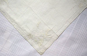 VTG Ladies Handkerchief Hanky Ivory Handmade Applique Embroidery Hem 12 In Sq - Picture 1 of 2