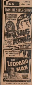 Pubblicità 1952 "KING KONG" Fay Wray & "THE LEOPARD MAN" Dennis O'Keefe 5,5x2" 0C24 - Foto 1 di 2
