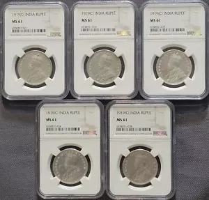 Posten (5) 1919 C Britisch-Indien Silberrupie NGC MS61 aus geschmolzenen Morgan-Dollars - Bild 1 von 4