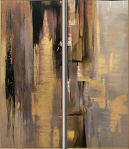 Abstract Oil Paintings Set of 2, Gold Leaf Canvas Wall Art, 2p 69"x59" - Picture 1 of 7