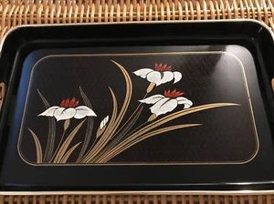 Vtg Toyo Japan Serving Tray Black Lacquer Red White Cherry Blossom  19”x 11” - Picture 1 of 9