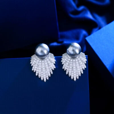 Женские свадебные посеребренные серьги-гвоздики с серым жемчугом кубический цирконий ювелирные изделия для вечеринок - Изображение 1 из 4