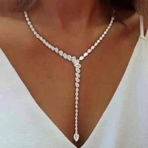 23.5 ctw Pear Cut Created Diamond 14K White Gold Plated Modern Tennis Necklace - Picture 1 of 8