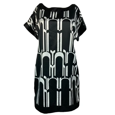Max And Cleo Dress Womens Sz 10 Black Ivory Print Satin Short Sleeve Sheath - Image 1 of 4