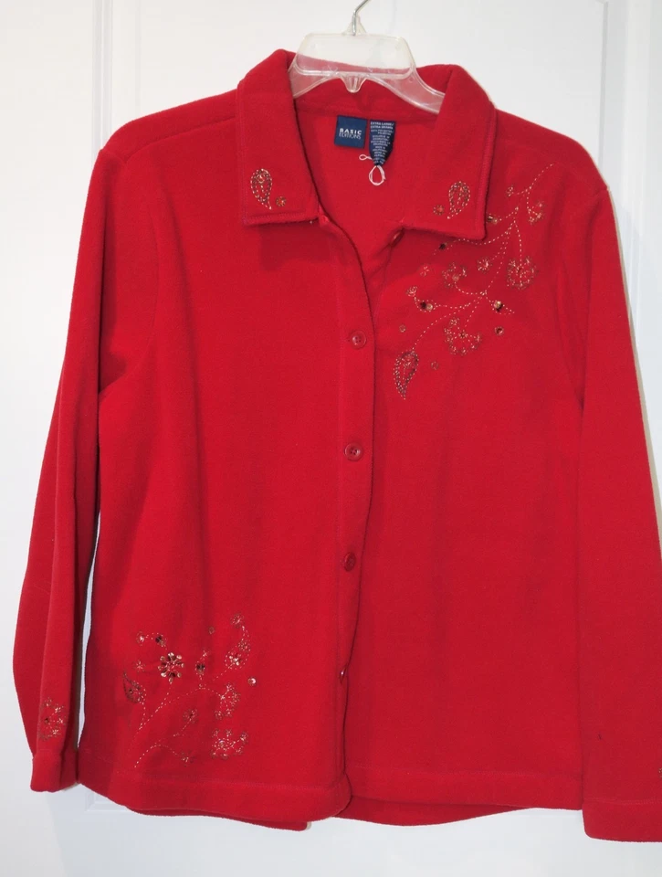 Coat Jacket XL Basic Editions Red Gold Sequins Button Up Fleece Collar Soft - Image 1 of 1