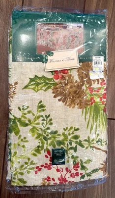Pinecones & Holly Tablecloth 60" X 102" Rectangle Holiday At Home Christmas - Image 1 of 4