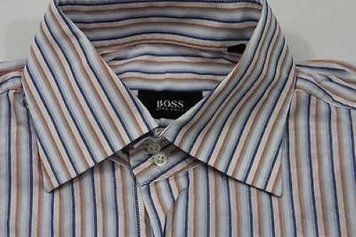 HUGO BOSS Camicia di Affari Blu Bianco Arancione Strisce Maniche Lunghe 40 Come - Immagine 1 di 1