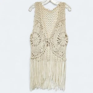 Chaleco hippie vintage de ganchillo con flecos beige talla mediana boho festival para mujer - Imagen 1 de 9
